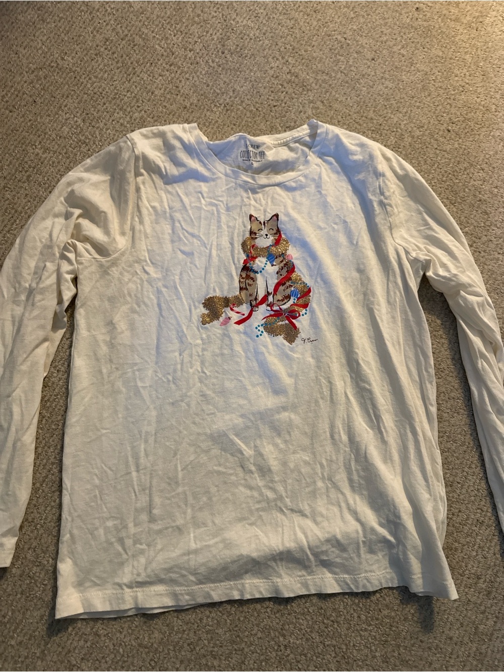 J. Crew White Long-Sleeve Tee with Colorful Cat Graphic
